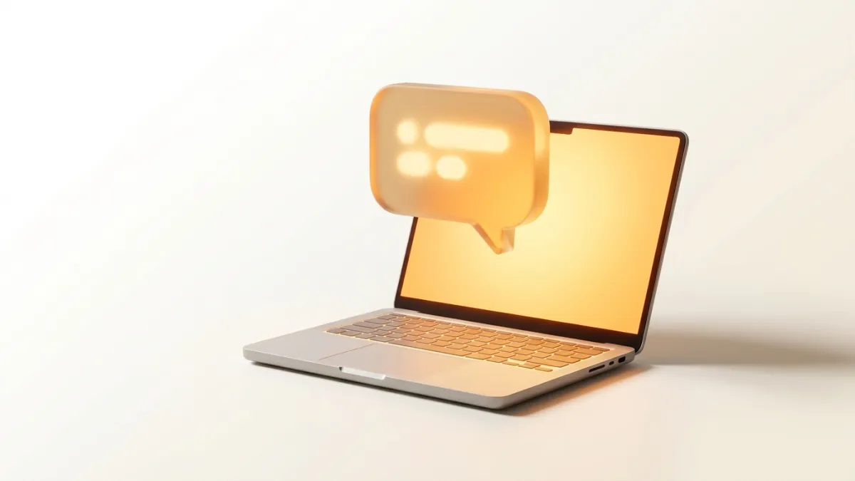 Laptop with AI chatbot widget floating above the screen