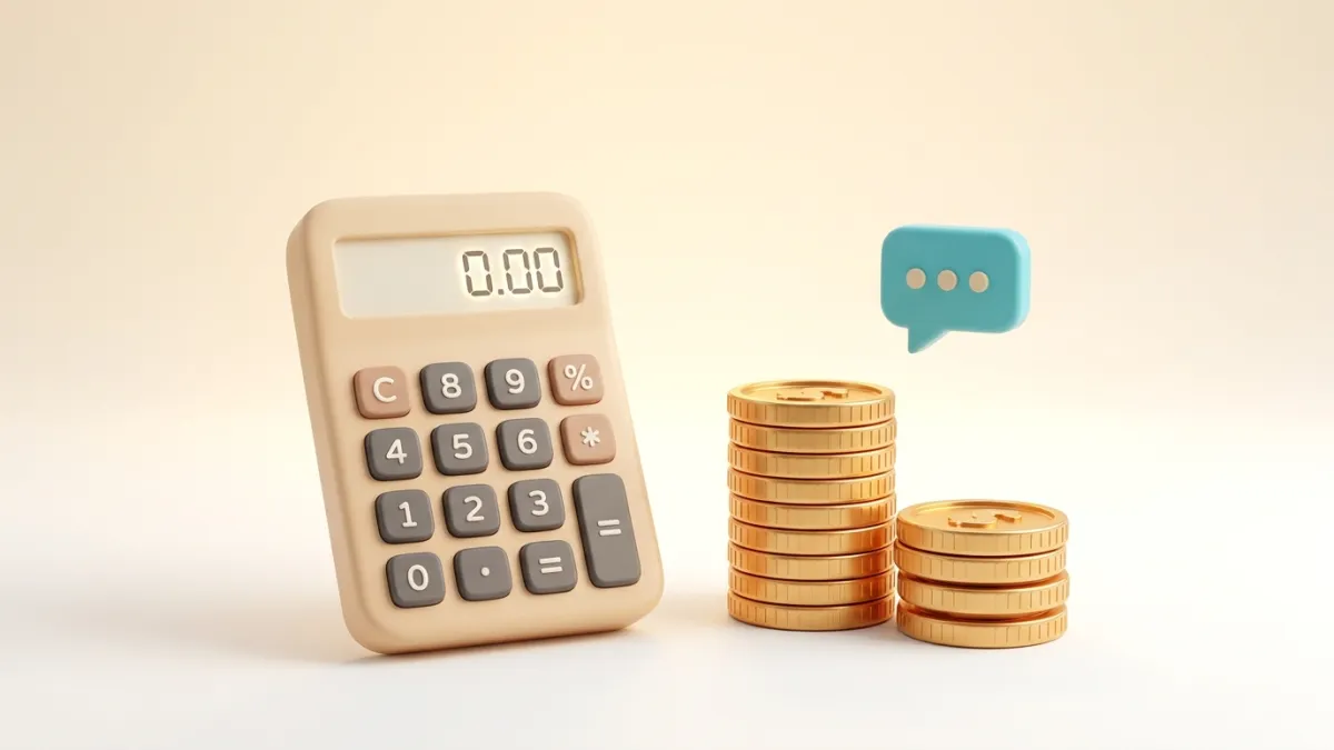 Calculator with gold coins and chat bubble showing AI chatbot pricing