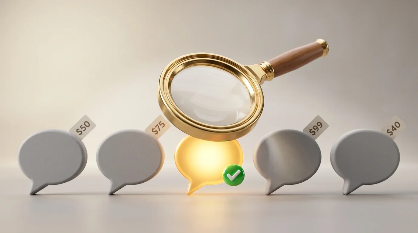 Chat widget with a free price tag and magnifying glass revealing hidden costs