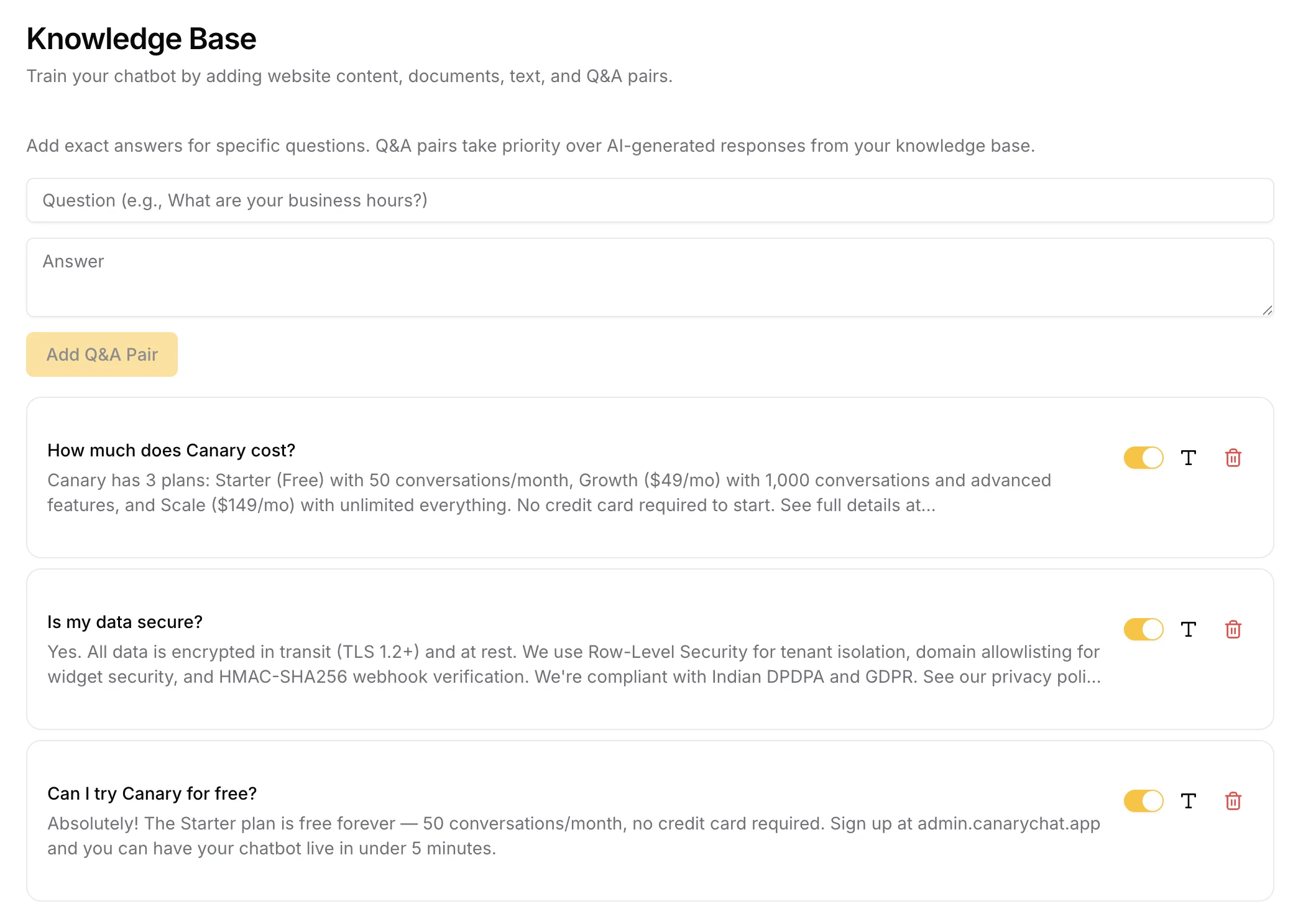 Canary knowledge base Q&A pairs showing manually added questions and answers for high-accuracy responses