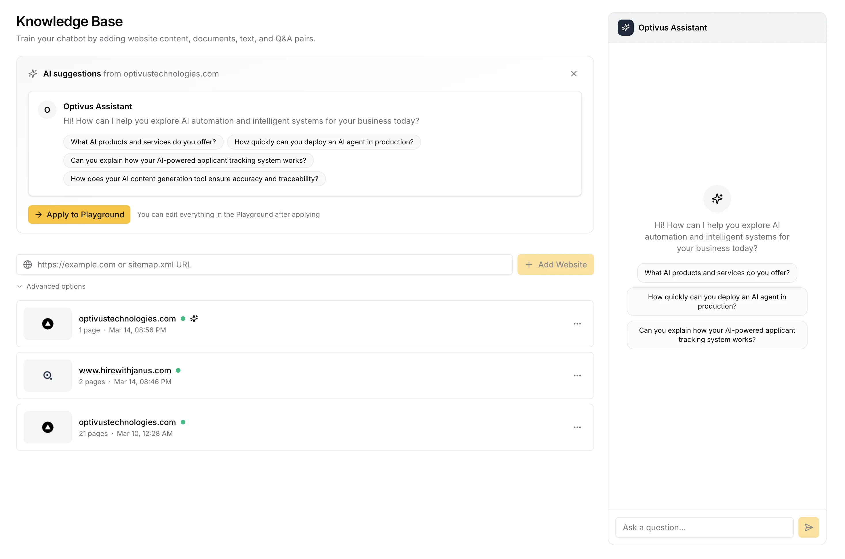 Canary knowledge base showing website URLs being crawled and indexed