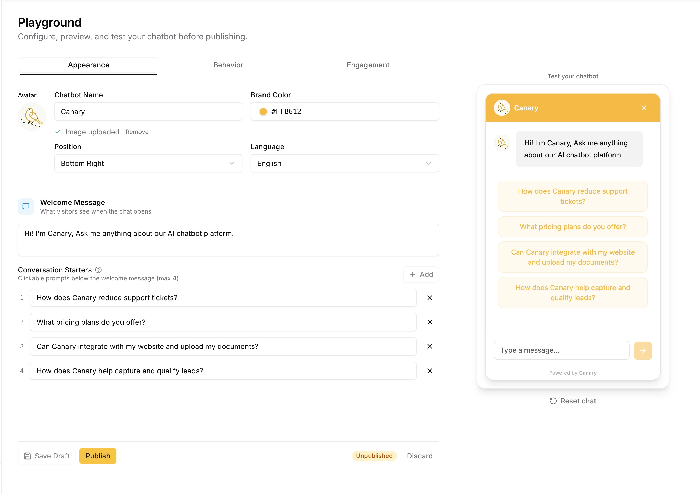Canary widget customization showing brand-matched chat widget with live preview