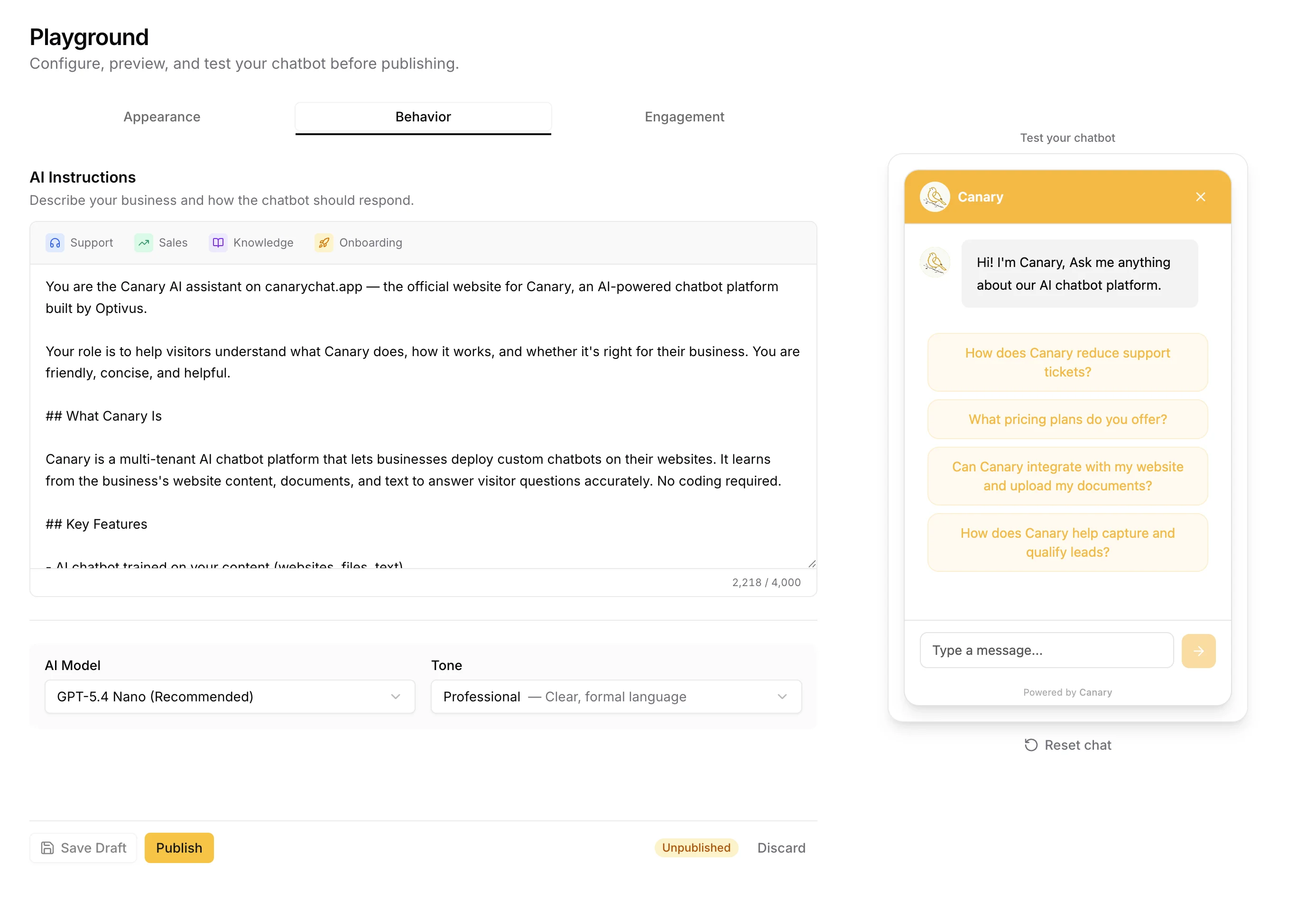Canary confidence threshold slider controlling when the AI answers versus admits uncertainty