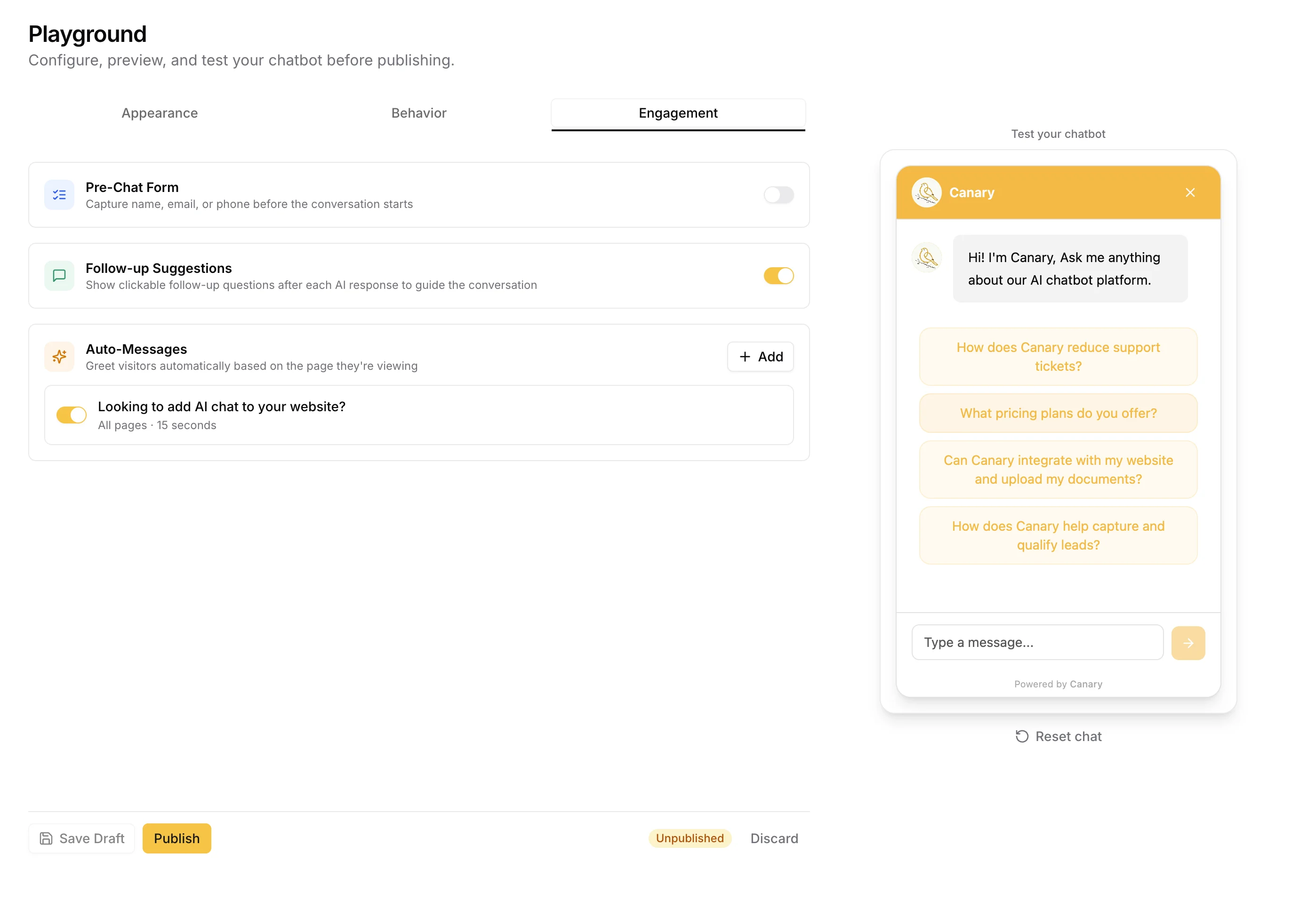 Canary engagement settings showing conversation starters and proactive message trigger configuration
