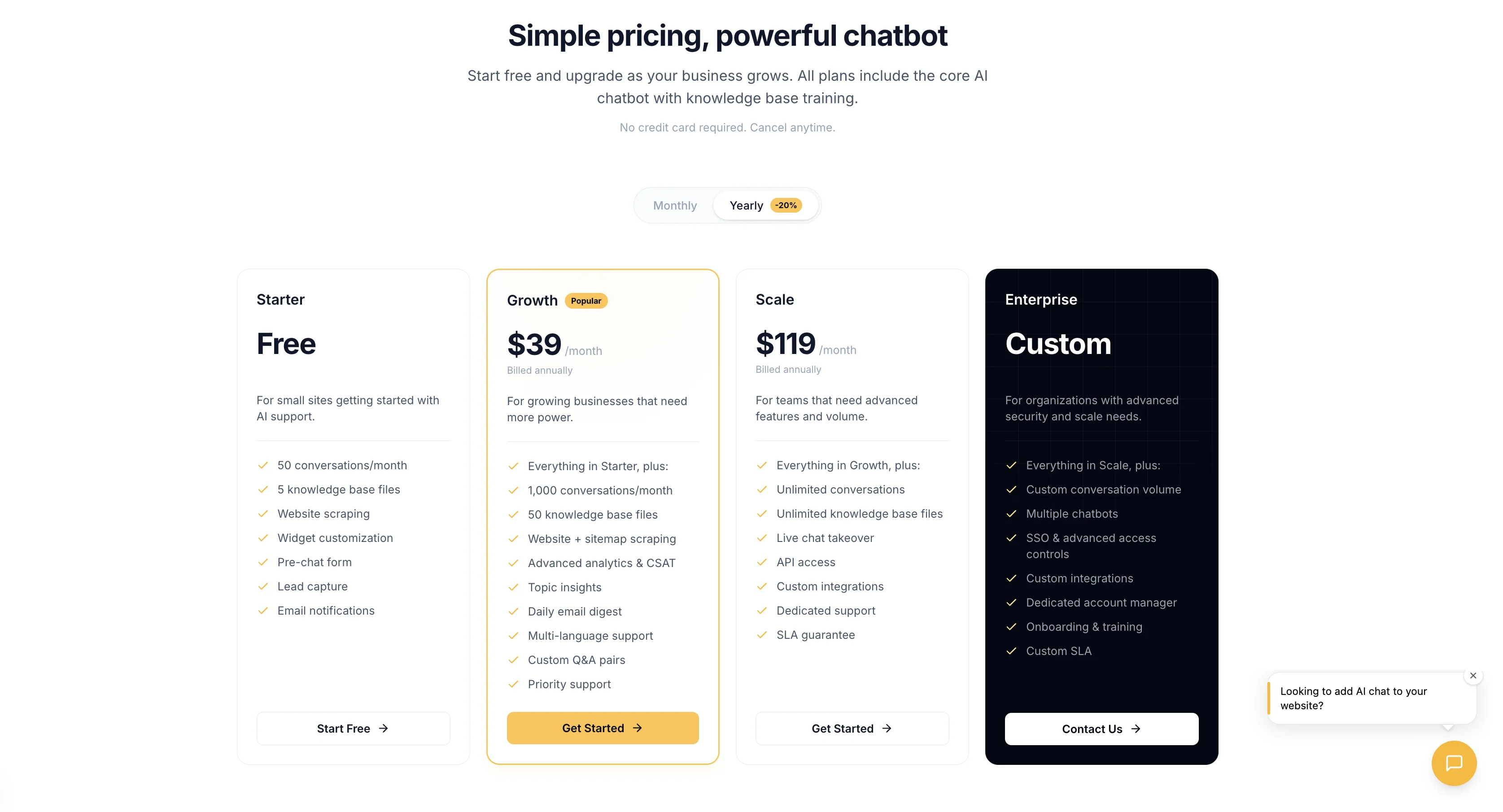 Canary billing page showing free Starter plan and flat-rate Growth and Scale plans