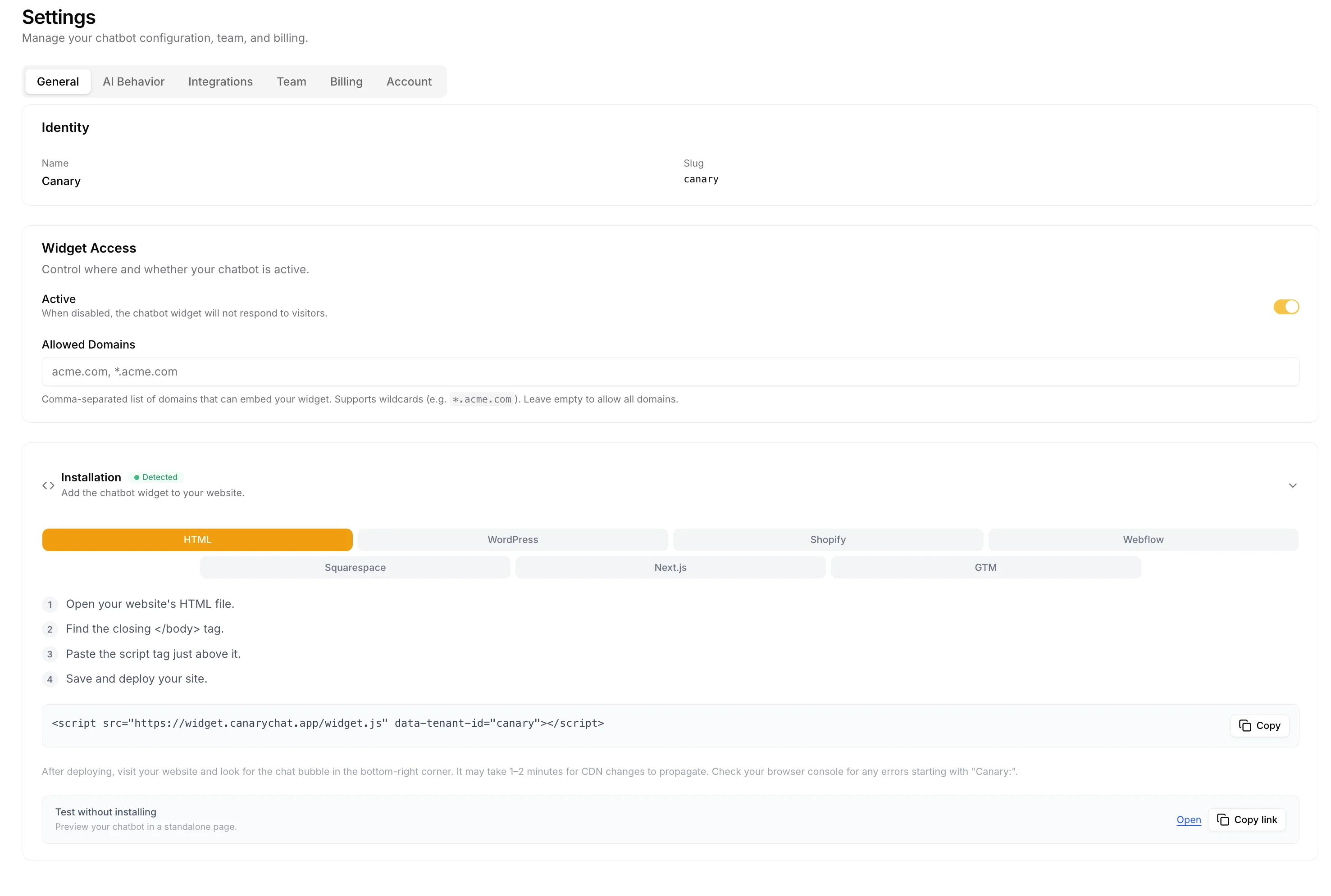 Canary one-line embed code for agency client websites