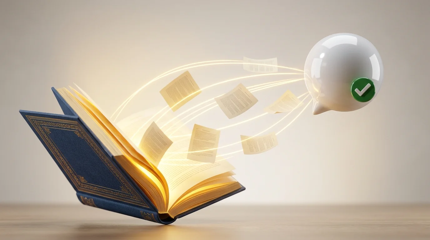 Open book with golden light connecting to a chat bubble representing RAG retrieval